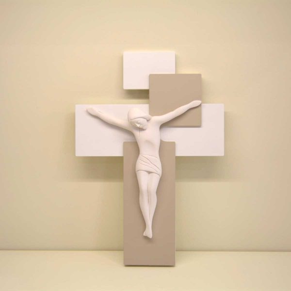 Cristo stilizzato su croce colore bianco e nocciola