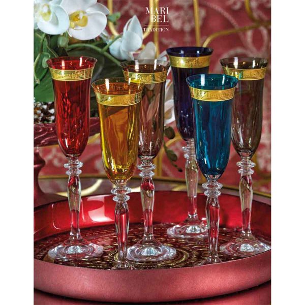 Confezione di 6 calici flute colori assortiti decorati con fascia oro