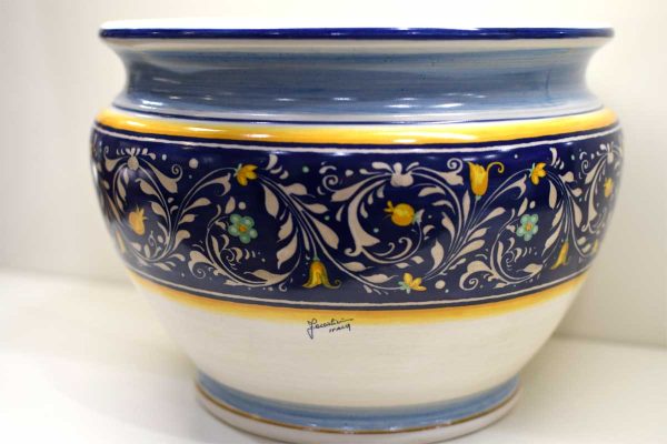 Porta piante decoro ornato blu in ceramica abruzzese