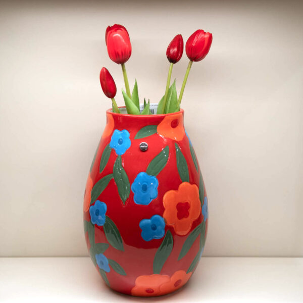 Vaso Portafiori Rosso con Fiori Arancio e Blu