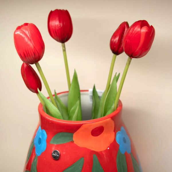 Vaso Portafiori Rosso con Fiori Arancio e Blu