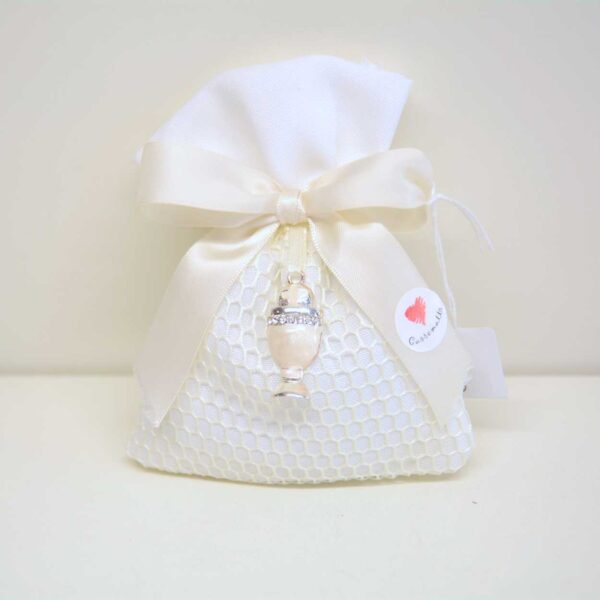Sacchetto In Tessuto Portaconfetti Con Calice Comunione Smaltato e Swarovski Sacchetto In Tessuto Portaconfetti Con Calice Comunione Smaltato e Swarovski